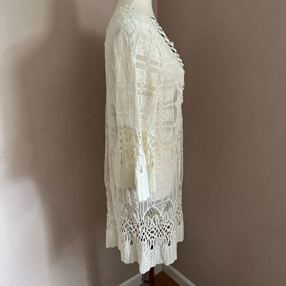 Miho's Italy Lace Crochet Cover Up Tunic Dress Shell Beaded Vacation Euro Summer